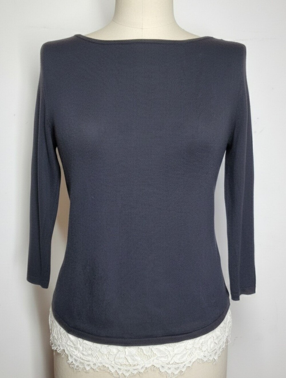 WHBM Size XS Sweater Black White Knit Lace 3/4 Sleeve Open Back Tie Cottagecore